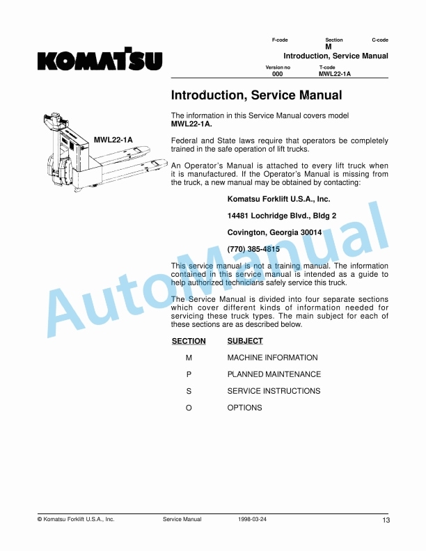 Komatsu MWL22-1A Forklift Truck Service Manual