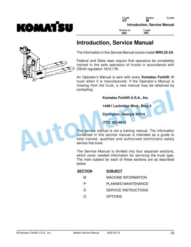 Komatsu MWL22-2A Forklift Truck Service Manual