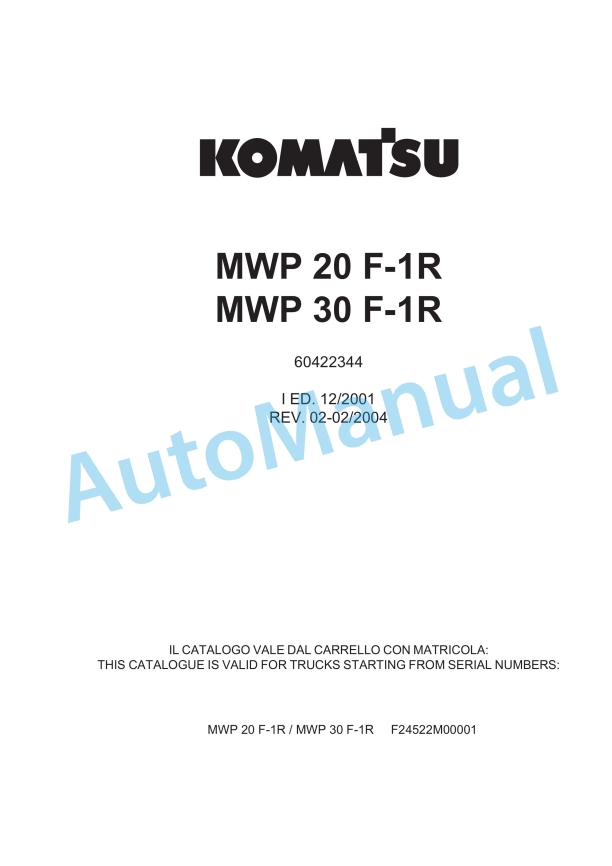 Komatsu MWP 20F-1R, MWP 30F-1R Forklift Truck Parts Manual 60422344