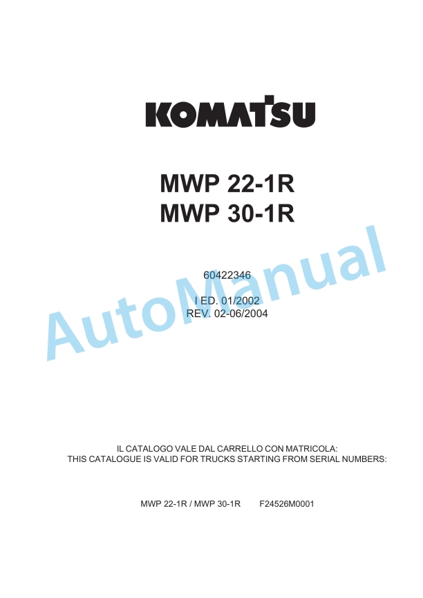 Komatsu MWP22-1R, MWP30-1R Parts Manual 60422346 Rev.006