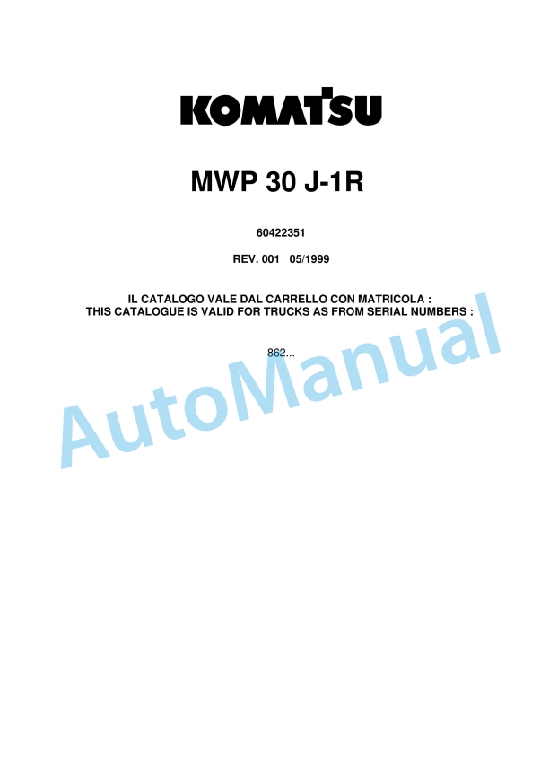 Komatsu MWP30J-1R Parts Manual 60422351 Rev.001