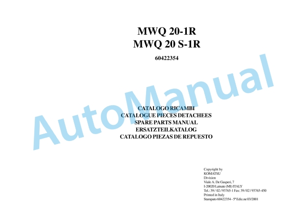 Komatsu MWQ 20-1R, MWQ 20S-1R Forklift Truck Parts Manual 60422354