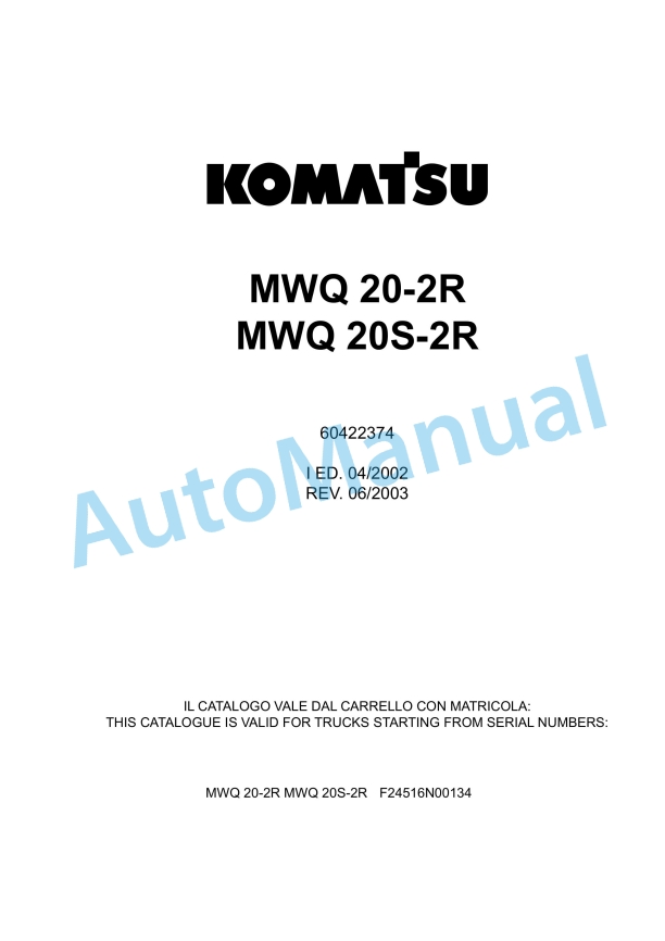 Komatsu MWQ 20-2R, MWQ 20S-2R Forklift Truck Parts Manual 60422374
