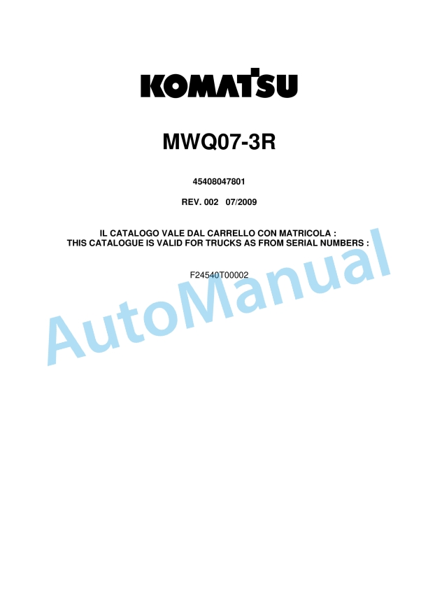 Komatsu MWQ07-3R Parts Manual 45408047801 Rev.002
