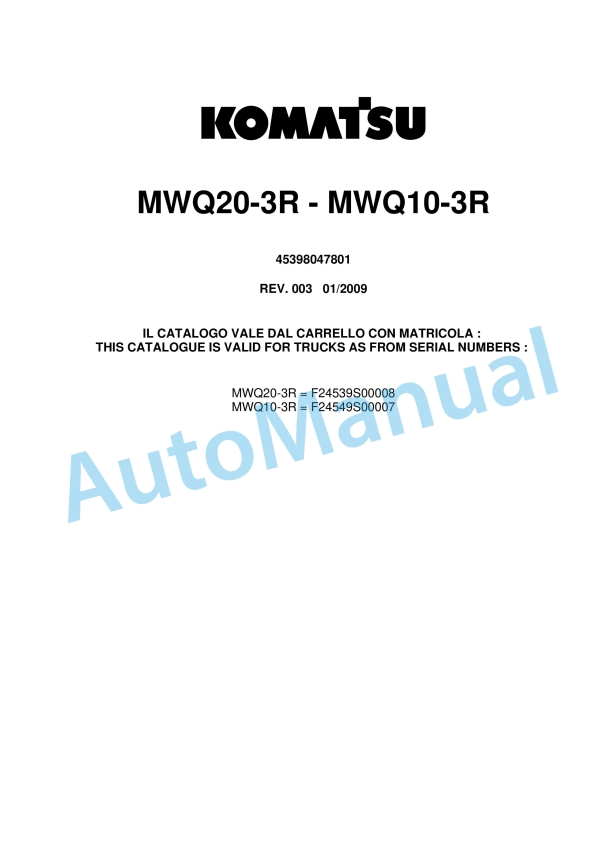 Komatsu MWQ20-3R, MWQ10-3R Parts Manual 45398047801 Rev.003