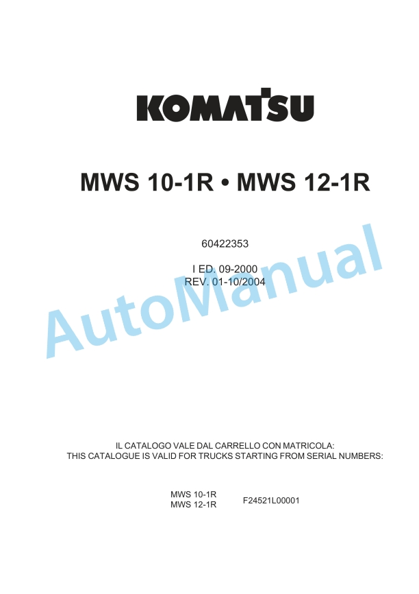 Komatsu MWS 10-1R, MWS 12-1R Forklift Truck Parts Manual 60422353