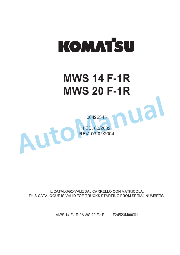 Komatsu MWS 14F-1R, MWS 20F-1R Forklift Truck Parts Manual 60422345