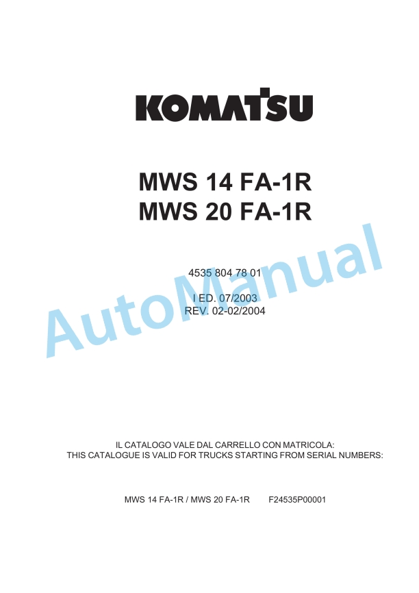 Komatsu MWS 14FA-1R, MWS 20FA-1R Forklift Truck Parts Manual 45358047801