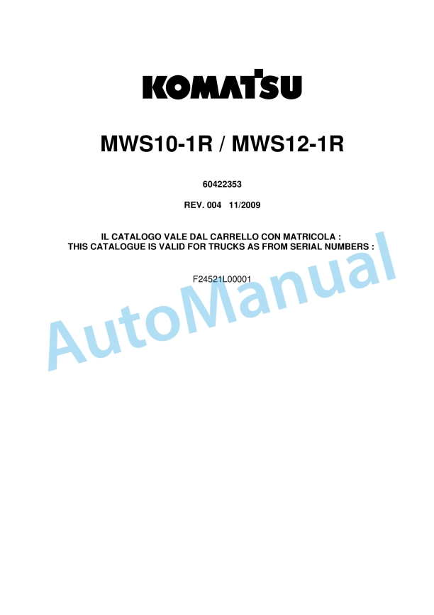 Komatsu MWS10-1R, MWS12-1R Parts Manual 60422353 Rev.004