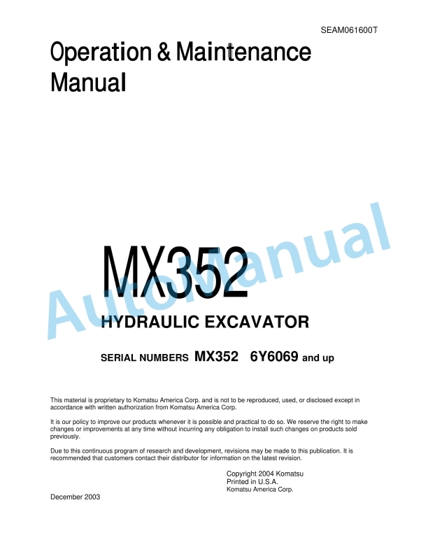 Komatsu MX352 Hydraulic Excavator Operation and Maintenance Manual SEAM061600T