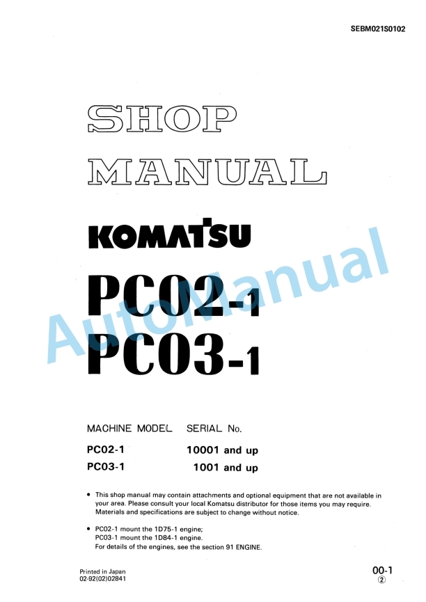Komatsu PC02-1, PC03-1 Hydraulic Excavator Shop Manual SEBM021S0102