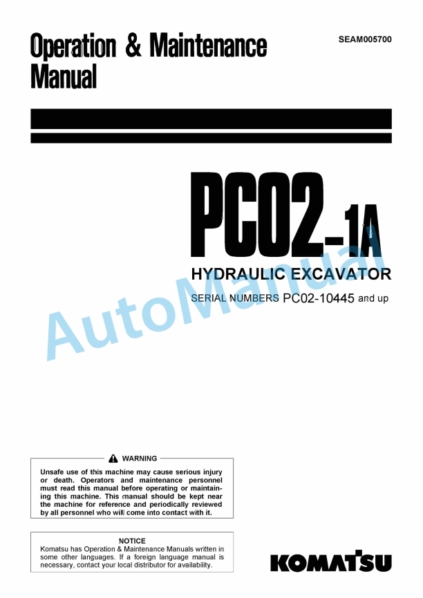 Komatsu PC02-1A Hydraulic Excavator Operation and Maintenance Manual SEAM005700