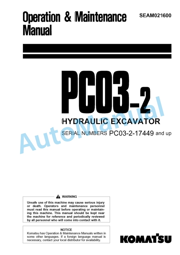 Komatsu PC03-2 Hydraulic Excavator Operation and Maintenance Manual SEAM021600