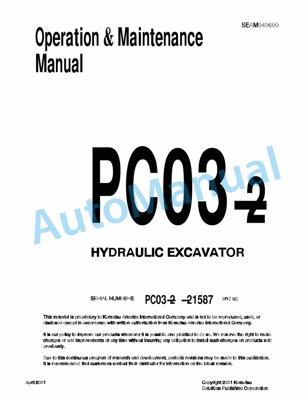 Komatsu PC03-2 Hydraulic Excavator Operation and Maintenance Manual SEAM040600