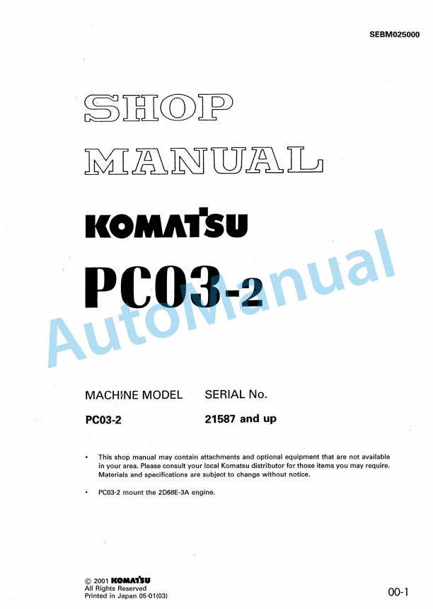 Komatsu PC03-2 Hydraulic Excavator Shop Manual SEBM025000