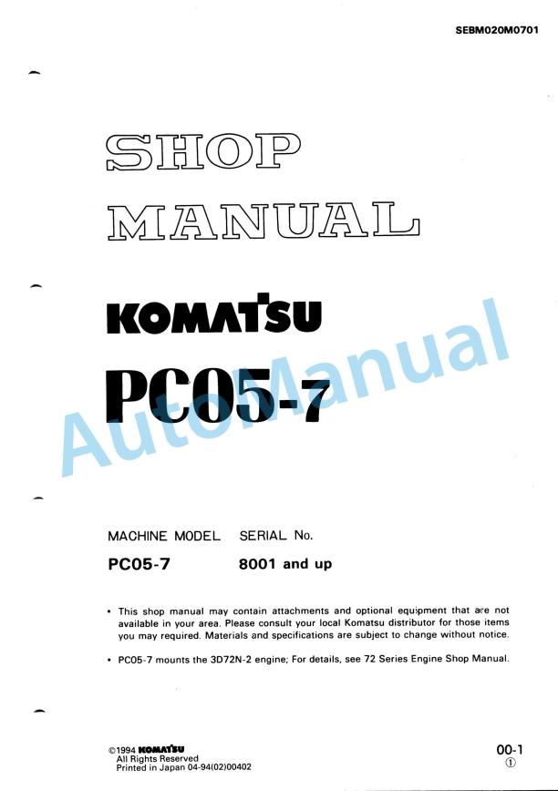 Komatsu PC05-7 Hydraulic Excavator Shop Manual SEBM020M0701