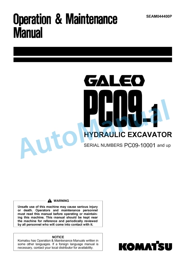 Komatsu PC09-1 Galeo Hydraulic Excavator Operation and Maintenance Manual SEAM044400P