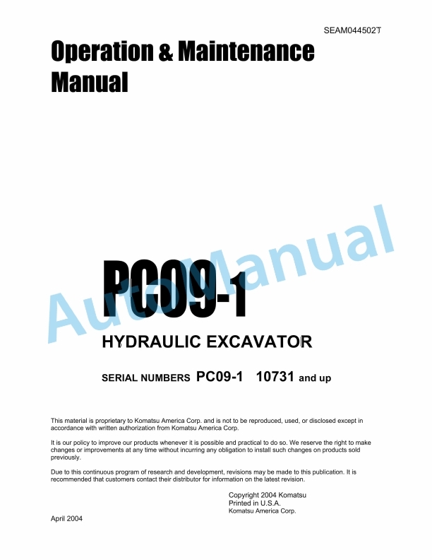 Komatsu PC09-1 Hydraulic Excavator Operation and Maintenance Manual SEAM044502T
