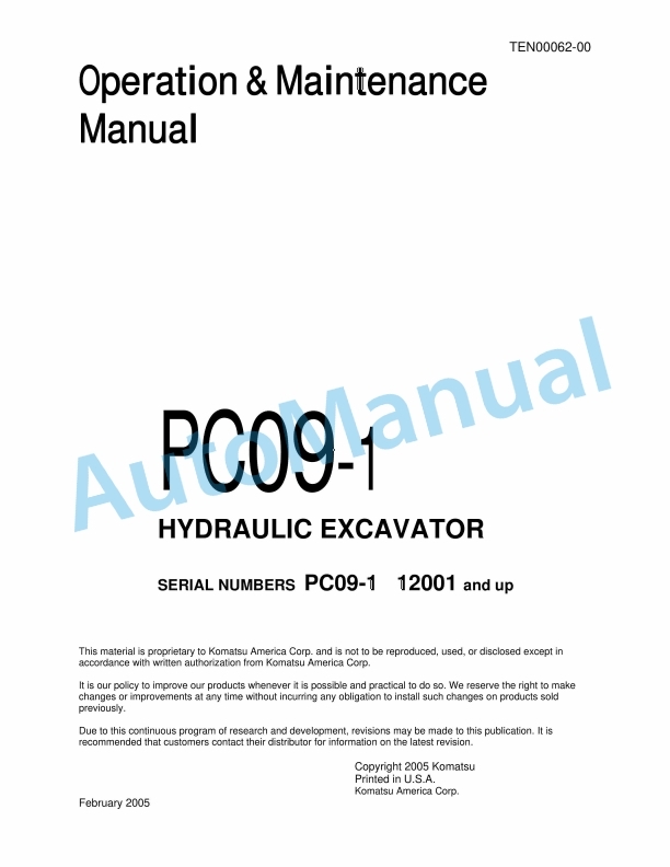 Komatsu PC09-1 Hydraulic Excavator Operation and Maintenance Manual TEN00062-00