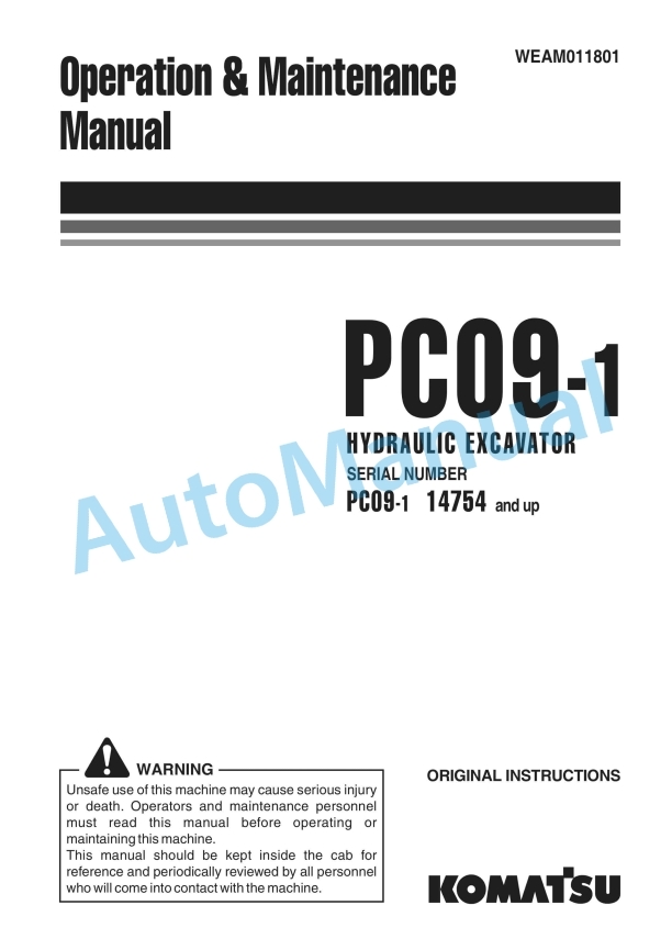 Komatsu PC09-1 Hydraulic Excavator Operation and Maintenance Manual WEAM011801