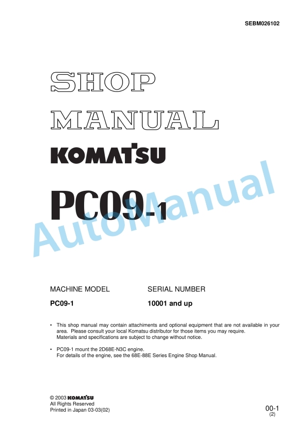 Komatsu PC09-1 Hydraulic Excavator Shop Manual SEBM026102