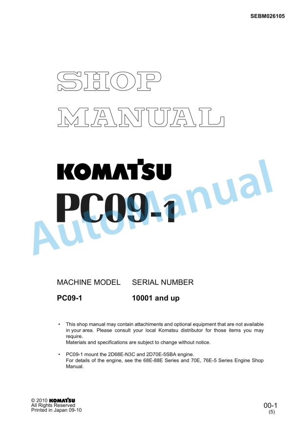 Komatsu PC09-1 Hydraulic Excavator Shop Manual SEBM026105