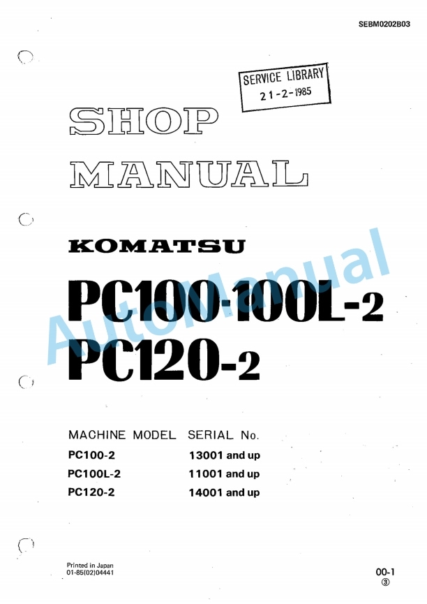 Komatsu PC100-2, PC100L-2, PC120-2 Hydraulic Excavator Shop Manual SEBM0202B03
