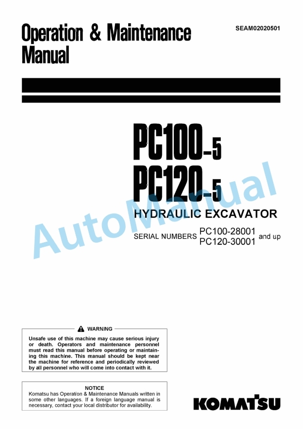 Komatsu PC100-5, PC120-5 Hydraulic Excavator Operation and Maintenance Manual SEAM02020501