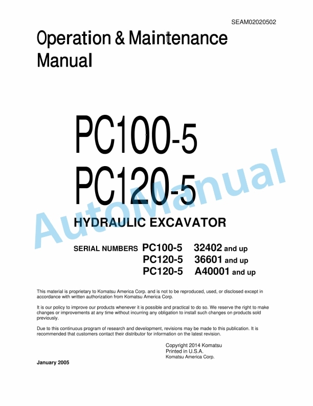 Komatsu PC100-5, PC120-5 Hydraulic Excavator Operation and Maintenance Manual SEAM02020502