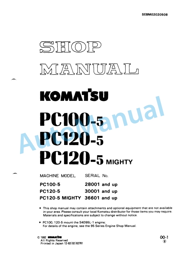 Komatsu PC100-5, PC120-5, PC120-5 Mighty Hydraulic Excavator Shop Manual SEBM02020508