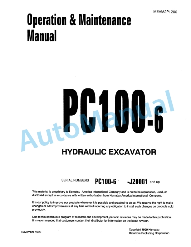 Komatsu PC100-6 Hydraulic Excavator Operation and Maintenance Manual MEAM2P1200