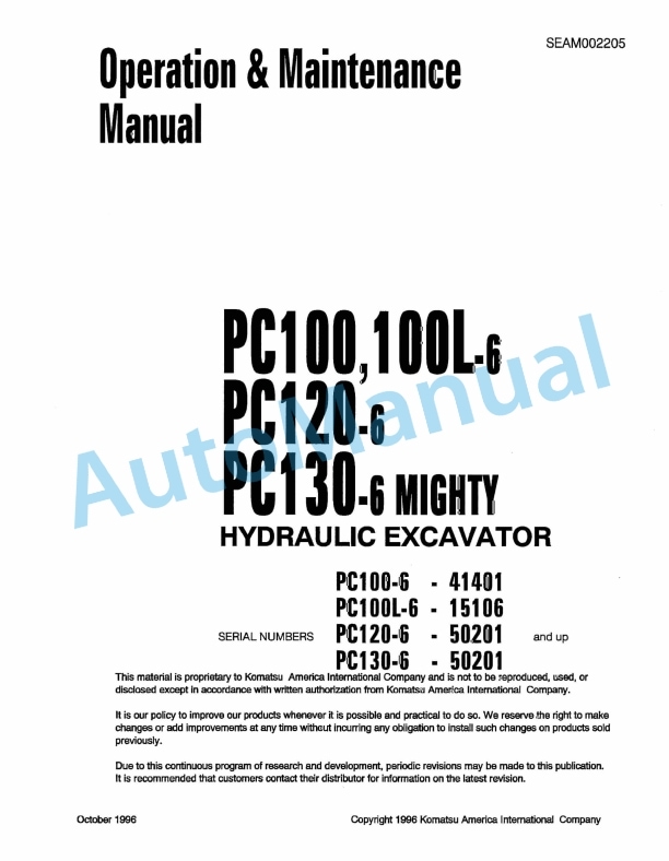 Komatsu PC100-6, PC100L-6, PC120-6, PC130-6 Mighty Hydraulic Excavator Operation and Maintenance Manual SEAM002205