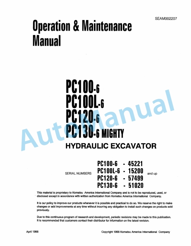 Komatsu PC100-6, PC100L-6, PC120-6, PC130-6 Mighty Hydraulic Excavator Operation and Maintenance Manual SEAM002207