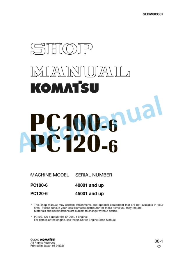 Komatsu PC100-6, PC120-6 Hydraulic Excavator Shop Manual SEBM003307
