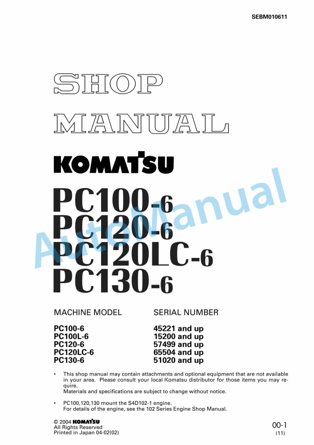 Komatsu PC100-6, PC120-6, PC120LC-6, PC130-6 Hydraulic Excavator Shop Manual SEBM010611
