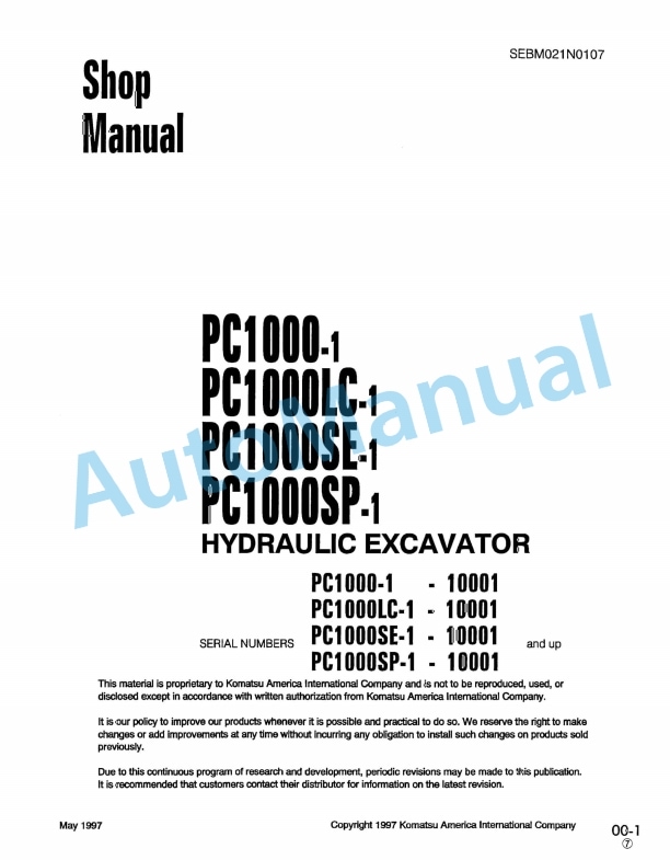 Komatsu PC1000-1, PC1000LC-1, PC1000SE-1, PC1000SP-1 Hydraulic Excavator Shop Manual SEBM021N0107