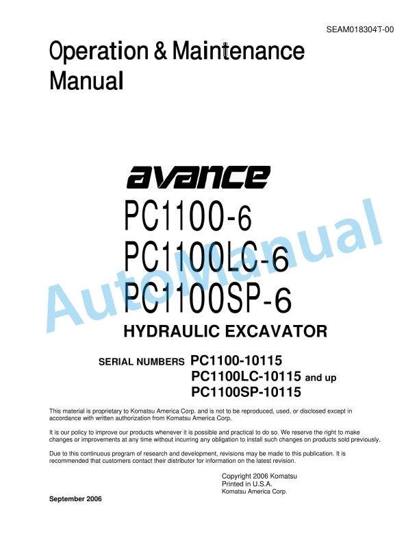 Komatsu PC1100-6, PC1100LC-6, PC1100SP-6 Advance Hydraulic Excavator Operation and Maintenance Manual SEAM018304T-00