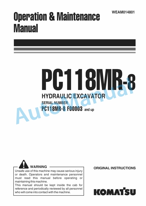 Komatsu PC118MR-8 Hydraulic Excavator Operation and Maintenance Manual WEAM014801