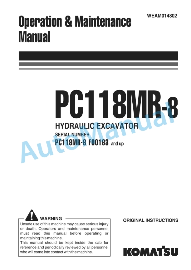Komatsu PC118MR-8 Hydraulic Excavator Operation and Maintenance Manual WEAM014802