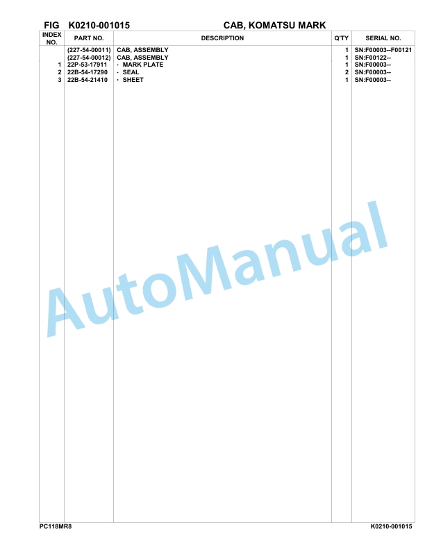 Komatsu PC118MR-8 Hydraulic Excavator Parts Manual F00003-UP-4