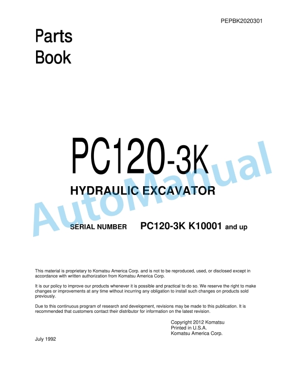 Komatsu PC120-3K Excavator Parts Manual PEPBK2020301