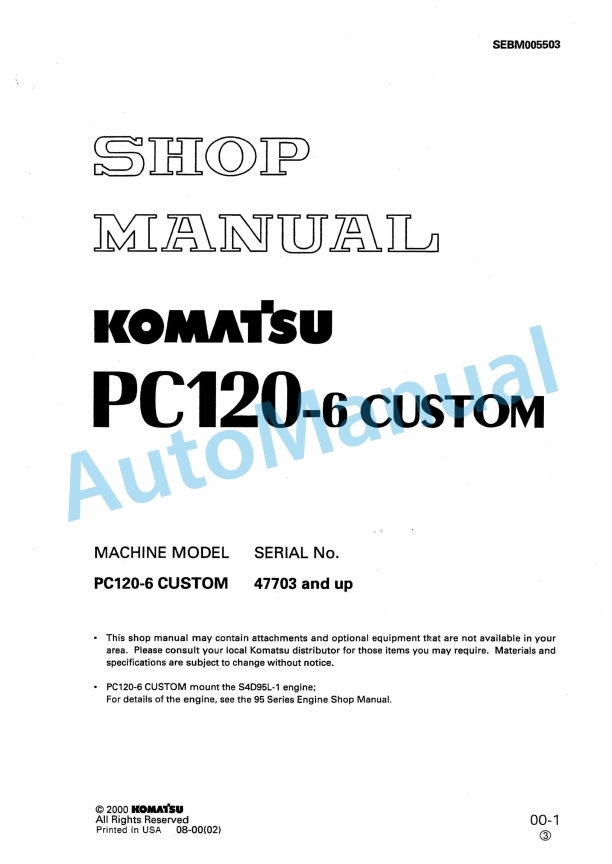 Komatsu PC120-6 Custom Hydraulic Excavator Shop Manual SEBM005503