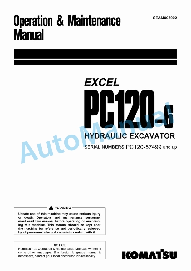 Komatsu PC120-6 Excel Hydraulic Excavator Operation and Maintenance Manual SEAM005002