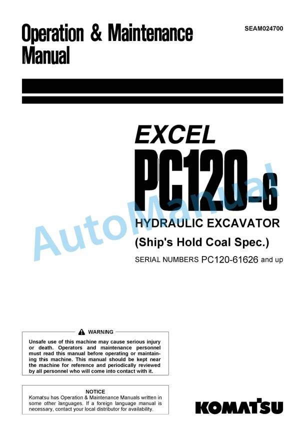 Komatsu PC120-6 Excel Hydraulic Excavator Operation and Maintenance Manual SEAM024700
