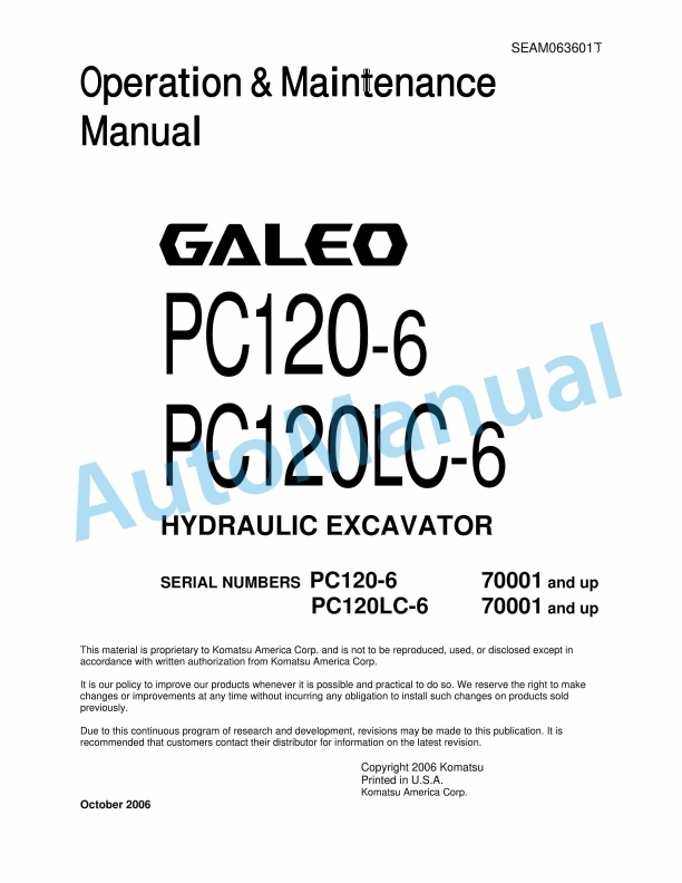 Komatsu PC120-6, PC120LC-6 Galeo Hydraulic Excavator Operation and Maintenance Manual SEAM063601T