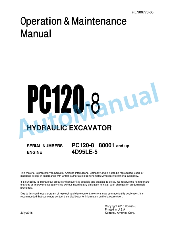 Komatsu PC120-8 Hydraulic Excavator Operation and Maintenance Manual PEN00776-00