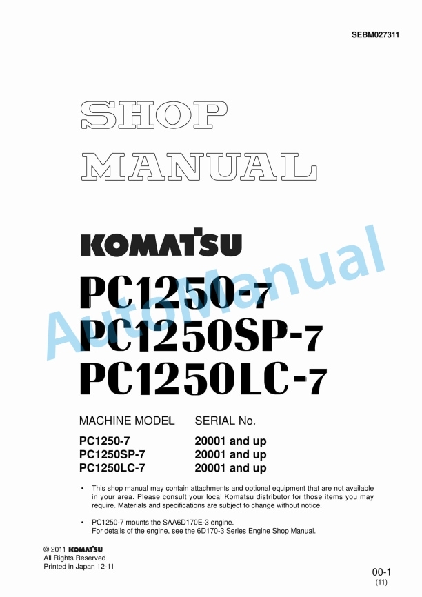 Komatsu PC1250-7, PC1250SP-7, PC1250LC-7 Shop Manual SEBM027311