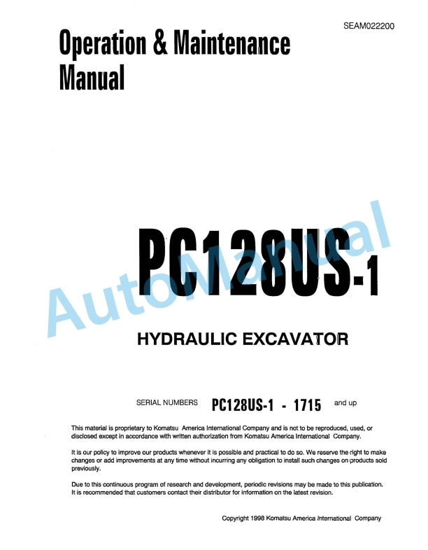 Komatsu PC128US-1 Hydraulic Excavator Operation and Maintenance Manual SEAM022200