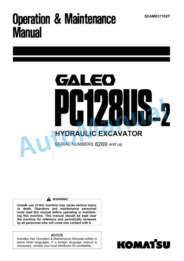 Komatsu PC128US-2 Galeo Hydraulic Excavator Operation and Maintenance Manual SEAM037102P