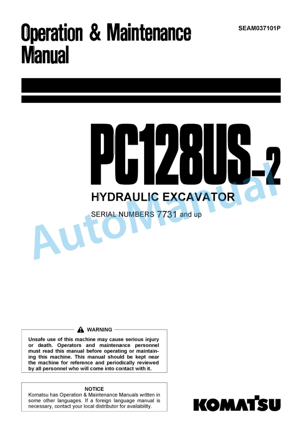 Komatsu PC128US-2 Hydraulic Excavator Operation and Maintenance Manual SEAM037101P